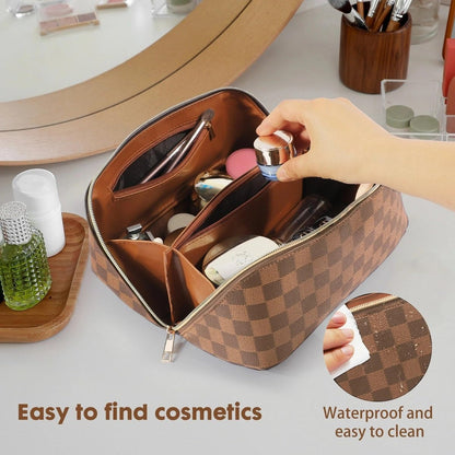 BAYANKALA Leather Travel Makeup Bag - Large Capacity Cosmetic Organizer for Women, Waterproof Portable Toiletry Pouch with Divider and Handle, 10.5x5x5 Inches, Deep Brown Avelisse