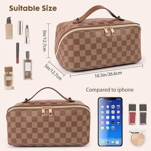 BAYANKALA Leather Travel Makeup Bag - Large Capacity Cosmetic Organizer for Women, Waterproof Portable Toiletry Pouch with Divider and Handle, 10.5x5x5 Inches, Deep Brown Avelisse
