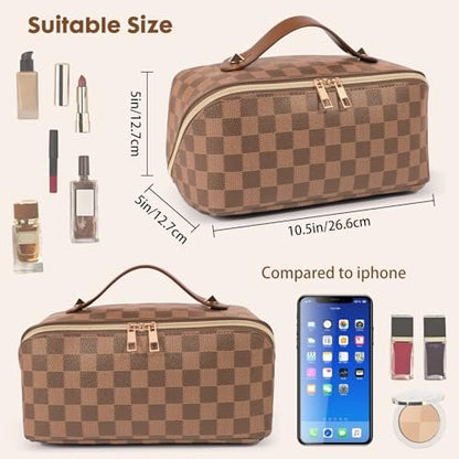 BAYANKALA Leather Travel Makeup Bag - Large Capacity Cosmetic Organizer for Women, Waterproof Portable Toiletry Pouch with Divider and Handle, 10.5x5x5 Inches, Deep Brown Avelisse