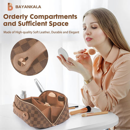 BAYANKALA Leather Travel Makeup Bag - Large Capacity Cosmetic Organizer for Women, Waterproof Portable Toiletry Pouch with Divider and Handle, 10.5x5x5 Inches, Deep Brown Avelisse