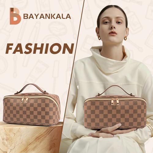 BAYANKALA Leather Travel Makeup Bag - Large Capacity Cosmetic Organizer for Women, Waterproof Portable Toiletry Pouch with Divider and Handle, 10.5x5x5 Inches, Deep Brown Avelisse