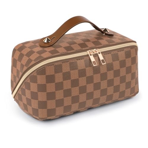 BAYANKALA Leather Travel Makeup Bag - Large Capacity Cosmetic Organizer for Women, Waterproof Portable Toiletry Pouch with Divider and Handle, 10.5x5x5 Inches, Deep Brown Avelisse