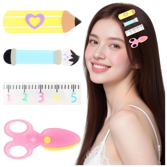 PLwelth 4Pcs Teacher Hair Clips - Funny Pencil Ruler Scissors Painting Brush Hairpins for Teachers Students, Cute Study Hair Barrette, Back to School Hair Accessories, Teacher Appreciation Gift