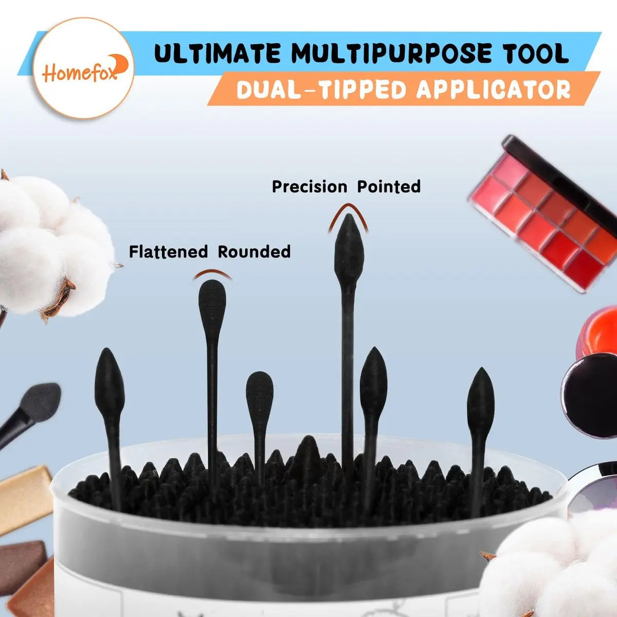 HOMEFOX XL Black Thick Cotton Swabs Pointed Precision - 750 Count Extra Large Pointy Organic Cotton Buds - Charcoal Tips, Paper Stick, Cruelty-Free - Goth Bathroom Essential Avelisse