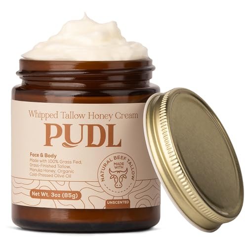 PUDL Grass Fed Beef Tallow for Skin Care with Manuka Honey, Organic Olive Oil and Jojoba Oil – Whipped Lotion Balm Anti-Aging Moisturizer Deeply Nourishing for Sensitive Skin Face & Body Avelisse