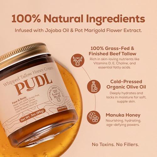 PUDL Grass Fed Beef Tallow for Skin Care with Manuka Honey, Organic Olive Oil and Jojoba Oil – Whipped Lotion Balm Anti-Aging Moisturizer Deeply Nourishing for Sensitive Skin Face & Body Avelisse