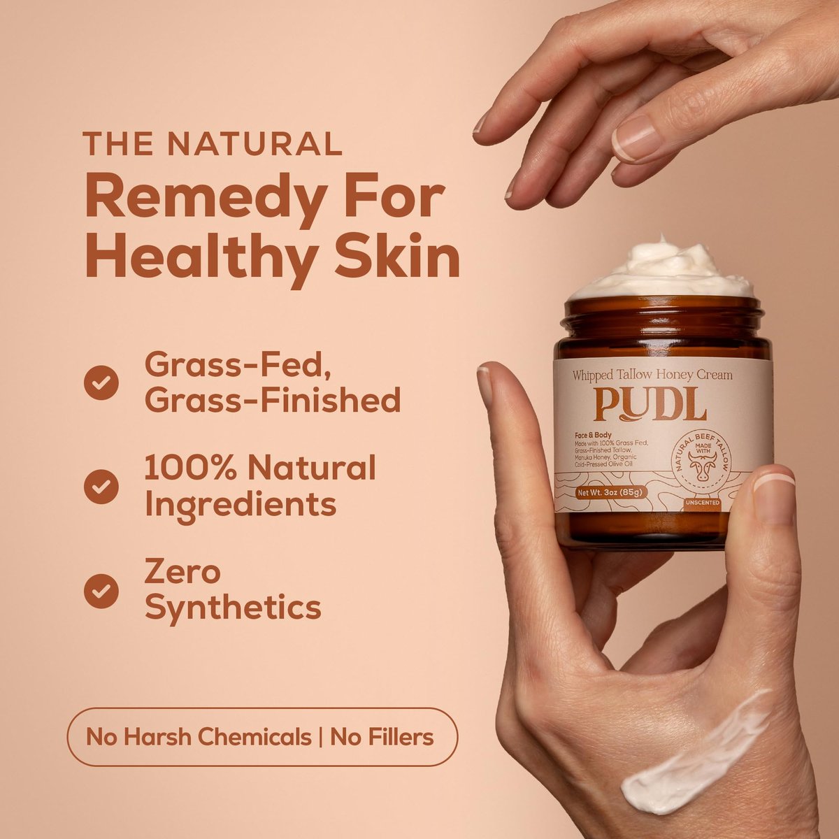 PUDL Grass Fed Beef Tallow for Skin Care with Manuka Honey, Organic Olive Oil and Jojoba Oil – Whipped Lotion Balm Anti-Aging Moisturizer Deeply Nourishing for Sensitive Skin Face & Body Avelisse