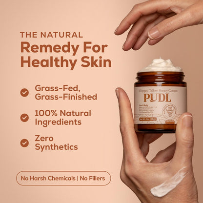 PUDL Grass Fed Beef Tallow for Skin Care with Manuka Honey, Organic Olive Oil and Jojoba Oil – Whipped Lotion Balm Anti-Aging Moisturizer Deeply Nourishing for Sensitive Skin Face & Body Avelisse