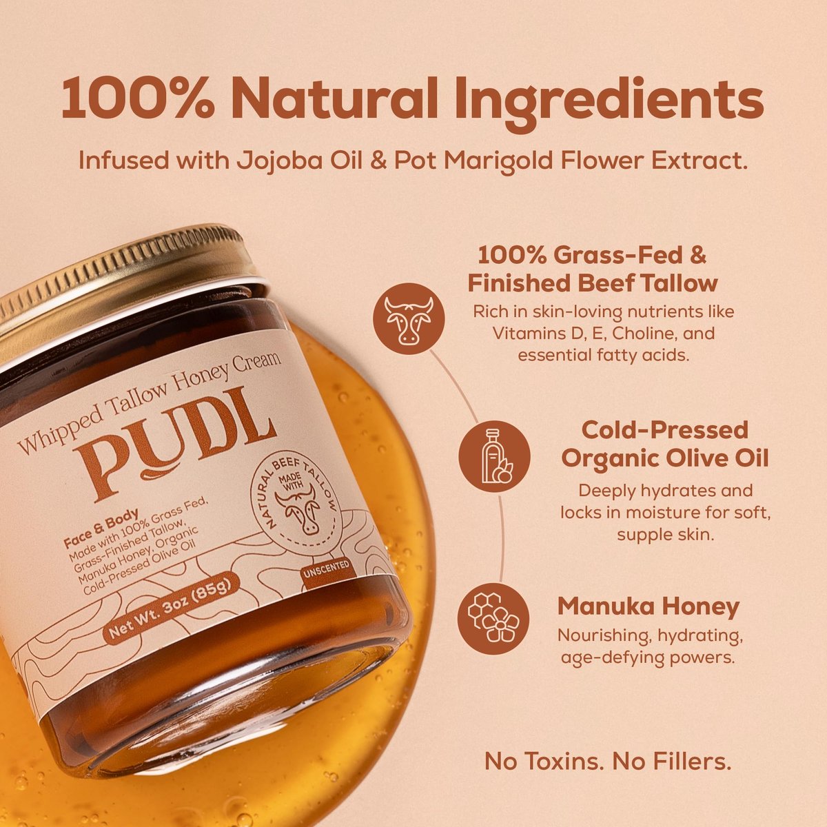 PUDL Grass Fed Beef Tallow for Skin Care with Manuka Honey, Organic Olive Oil and Jojoba Oil – Whipped Lotion Balm Anti-Aging Moisturizer Deeply Nourishing for Sensitive Skin Face & Body Avelisse