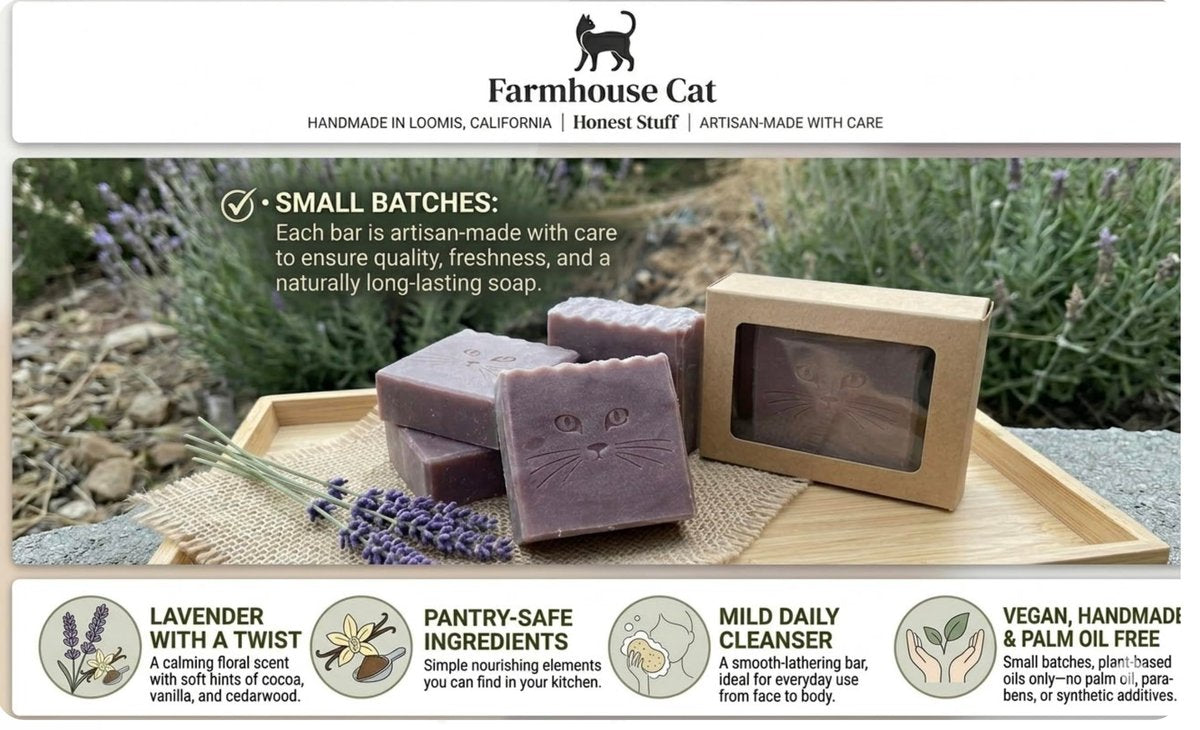 Farmhouse Cat Handmade Lavender Soap Bar with Cocoa Butter, Coconut Milk & Shea Butter – Artisan Soap, Gentle Nourishing Natural Cleanser for Sensitive Skin, Gift for Women - görsel 11