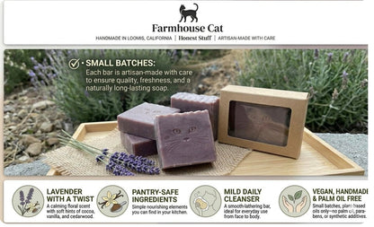 Farmhouse Cat Handmade Lavender Soap Bar with Cocoa Butter, Coconut Milk & Shea Butter – Artisan Soap, Gentle Nourishing Natural Cleanser for Sensitive Skin, Gift for Women
