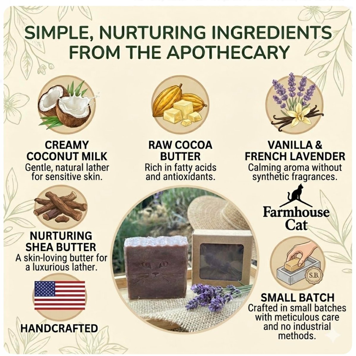 Farmhouse Cat Handmade Lavender Soap Bar with Cocoa Butter, Coconut Milk & Shea Butter – Artisan Soap, Gentle Nourishing Natural Cleanser for Sensitive Skin, Gift for Women - görsel 13
