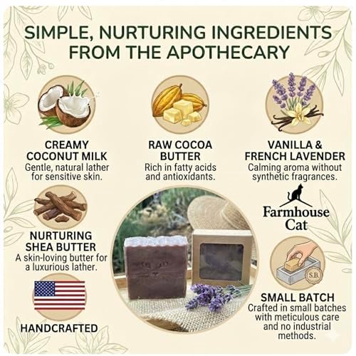 Farmhouse Cat Handmade Lavender Soap Bar with Cocoa Butter, Coconut Milk & Shea Butter – Artisan Soap, Gentle Nourishing Natural Cleanser for Sensitive Skin, Gift for Women - görsel 14