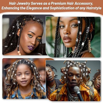 323 Pcs Silver Hair Jewelry for Braids, Dreadlocks, Twists and Locs - Adjustable Cuffs, Rings, Charms & Beads Accessories for Women Men - Perfect for Parties, Weddings, Festivals
