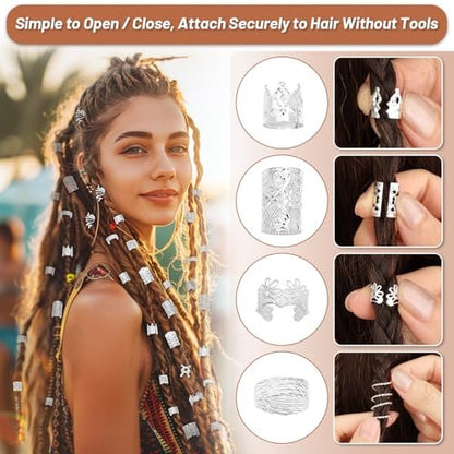 323 Pcs Silver Hair Jewelry for Braids, Dreadlocks, Twists and Locs - Adjustable Cuffs, Rings, Charms & Beads Accessories for Women Men - Perfect for Parties, Weddings, Festivals