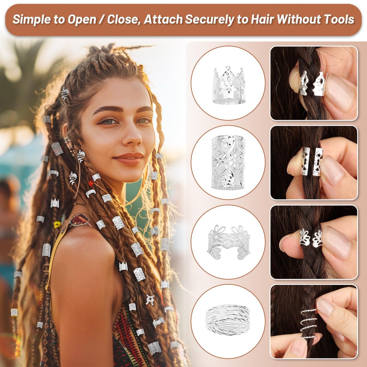 323 Pcs Silver Hair Jewelry for Braids, Dreadlocks, Twists and Locs - Adjustable Cuffs, Rings, Charms & Beads Accessories for Women Men - Perfect for Parties, Weddings, Festivals - görsel 7