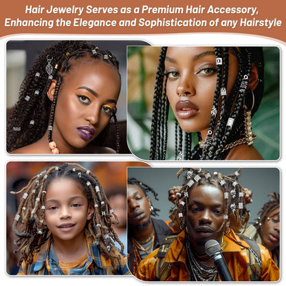 323 Pcs Silver Hair Jewelry for Braids, Dreadlocks, Twists and Locs - Adjustable Cuffs, Rings, Charms & Beads Accessories for Women Men - Perfect for Parties, Weddings, Festivals