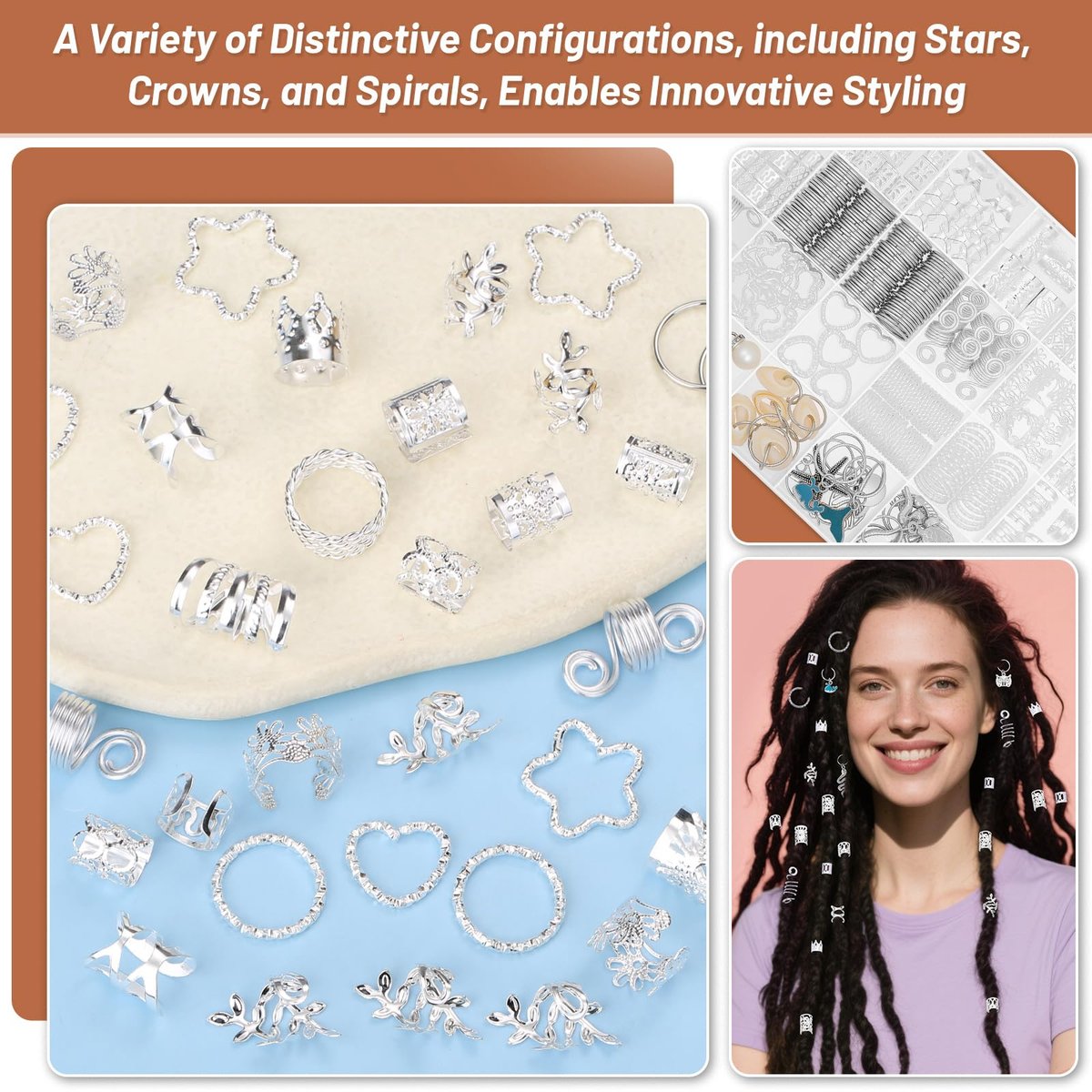 323 Pcs Silver Hair Jewelry for Braids, Dreadlocks, Twists and Locs - Adjustable Cuffs, Rings, Charms & Beads Accessories for Women Men - Perfect for Parties, Weddings, Festivals - görsel 9