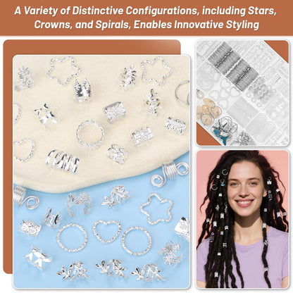 323 Pcs Silver Hair Jewelry for Braids, Dreadlocks, Twists and Locs - Adjustable Cuffs, Rings, Charms & Beads Accessories for Women Men - Perfect for Parties, Weddings, Festivals