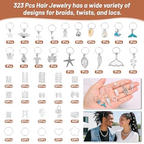 323 Pcs Silver Hair Jewelry for Braids, Dreadlocks, Twists and Locs - Adjustable Cuffs, Rings, Charms & Beads Accessories for Women Men - Perfect for Parties, Weddings, Festivals - görsel 4