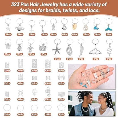 323 Pcs Silver Hair Jewelry for Braids, Dreadlocks, Twists and Locs - Adjustable Cuffs, Rings, Charms & Beads Accessories for Women Men - Perfect for Parties, Weddings, Festivals