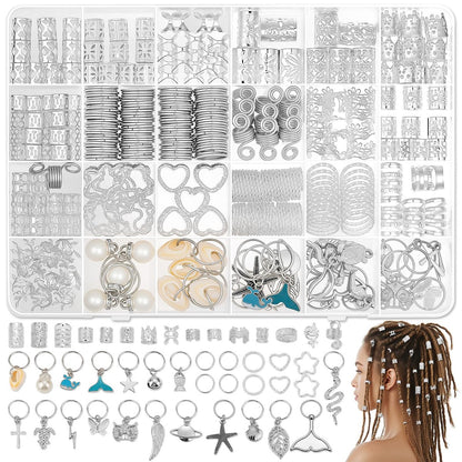 323 Pcs Silver Hair Jewelry for Braids, Dreadlocks, Twists and Locs - Adjustable Cuffs, Rings, Charms & Beads Accessories for Women Men - Perfect for Parties, Weddings, Festivals