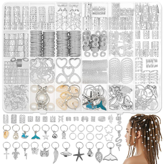 323 Pcs Silver Hair Jewelry for Braids, Dreadlocks, Twists and Locs - Adjustable Cuffs, Rings, Charms & Beads Accessories for Women Men - Perfect for Parties, Weddings, Festivals