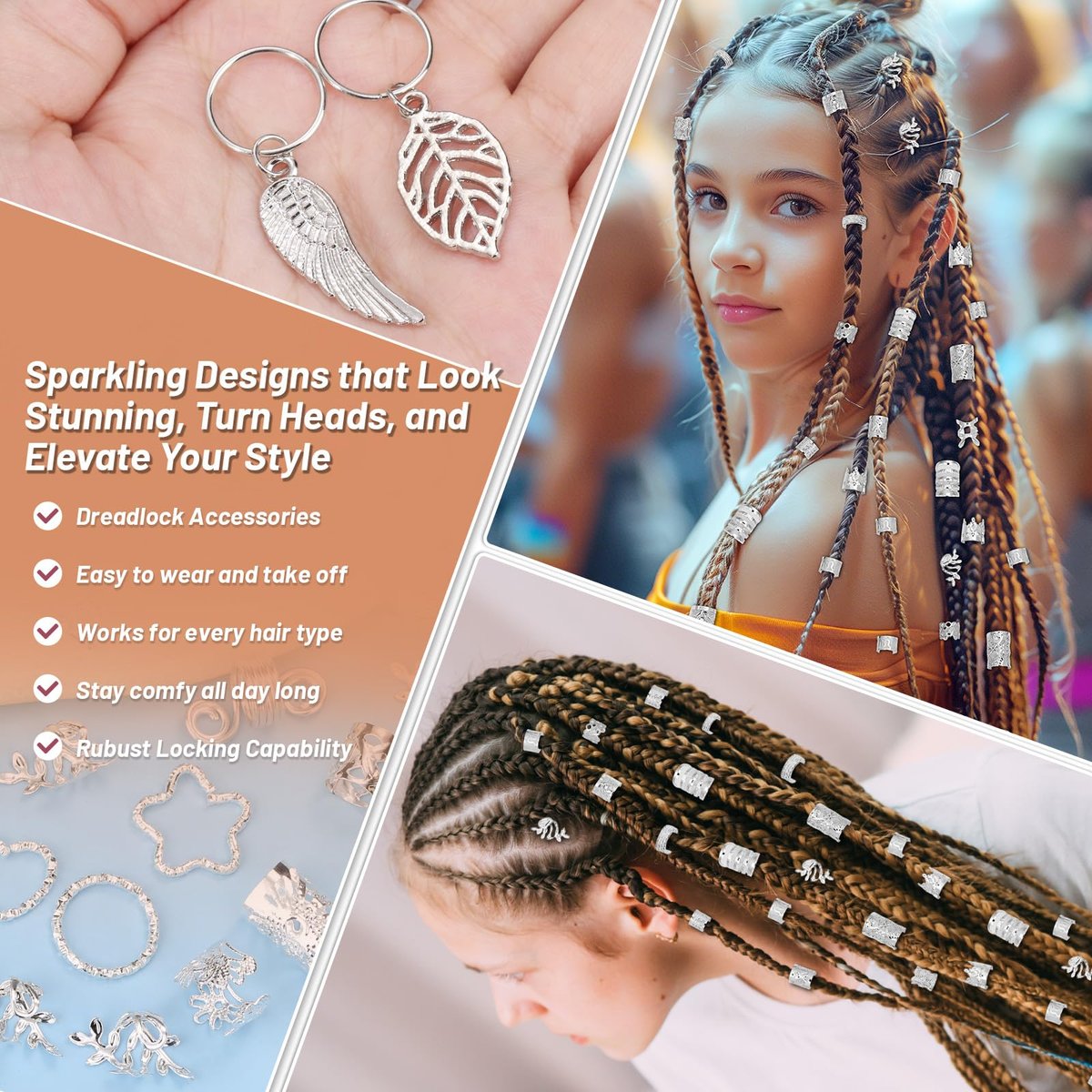 323 Pcs Silver Hair Jewelry for Braids, Dreadlocks, Twists and Locs - Adjustable Cuffs, Rings, Charms & Beads Accessories for Women Men - Perfect for Parties, Weddings, Festivals - görsel 5
