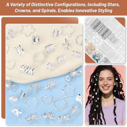 323 Pcs Silver Hair Jewelry for Braids, Dreadlocks, Twists and Locs - Adjustable Cuffs, Rings, Charms & Beads Accessories for Women Men - Perfect for Parties, Weddings, Festivals
