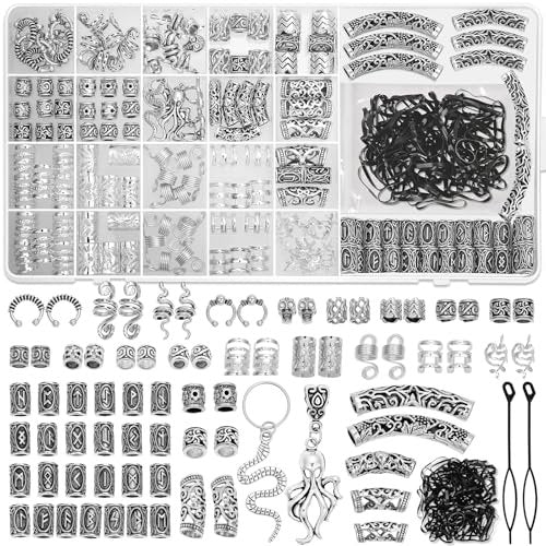247Pcs Viking Hair Accessories Set - Norse Runes Tube Beads, Metal Cuffs, Clips, Rings for Dreadlocks, Braids, Locs, Beard, Bracelets, Necklace DIY - Silver Avelisse