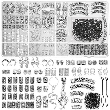 247Pcs Viking Hair Accessories Set - Norse Runes Tube Beads, Metal Cuffs, Clips, Rings for Dreadlocks, Braids, Locs, Beard, Bracelets, Necklace DIY - Silver Avelisse