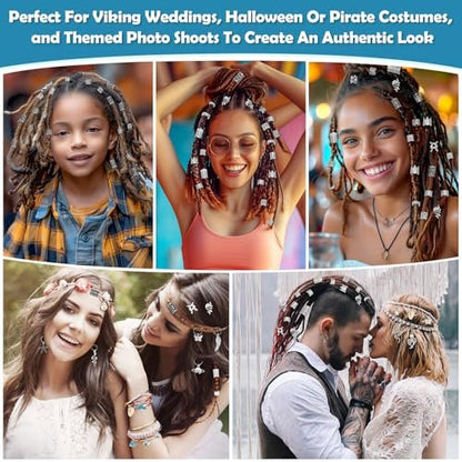 247Pcs Viking Hair Accessories Set - Norse Runes Tube Beads, Metal Cuffs, Clips, Rings for Dreadlocks, Braids, Locs, Beard, Bracelets, Necklace DIY - Silver Avelisse