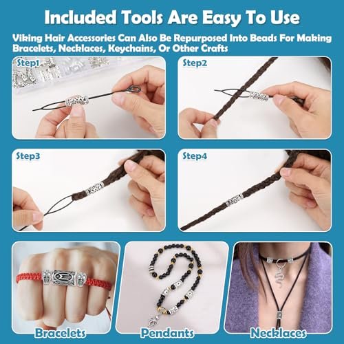 247Pcs Viking Hair Accessories Set - Norse Runes Tube Beads, Metal Cuffs, Clips, Rings for Dreadlocks, Braids, Locs, Beard, Bracelets, Necklace DIY - Silver Avelisse
