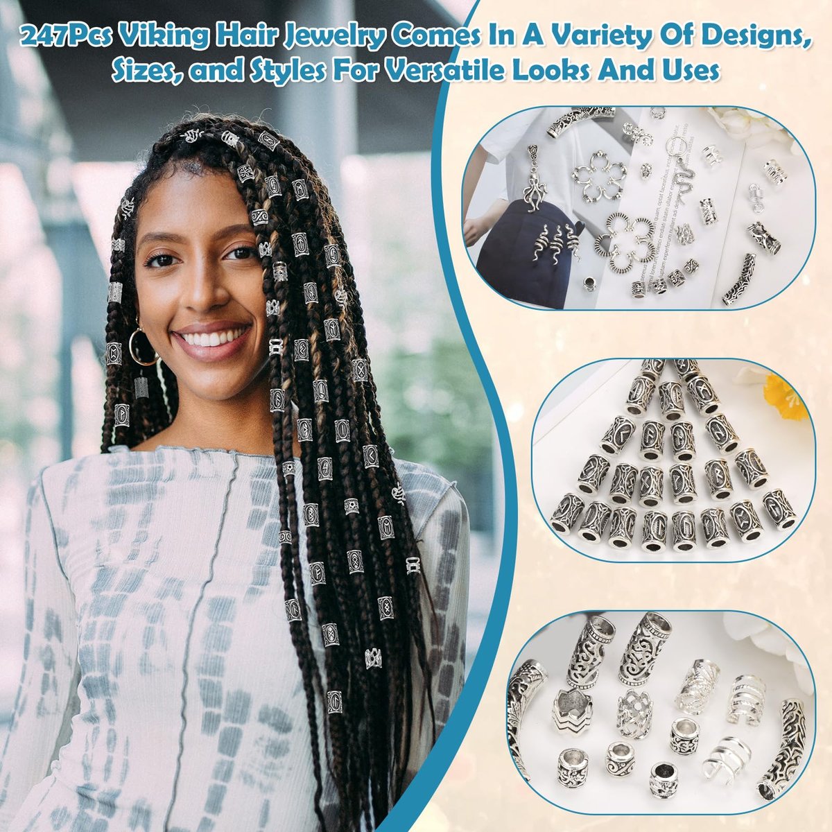 247Pcs Viking Hair Accessories Set - Norse Runes Tube Beads, Metal Cuffs, Clips, Rings for Dreadlocks, Braids, Locs, Beard, Bracelets, Necklace DIY - Silver Avelisse
