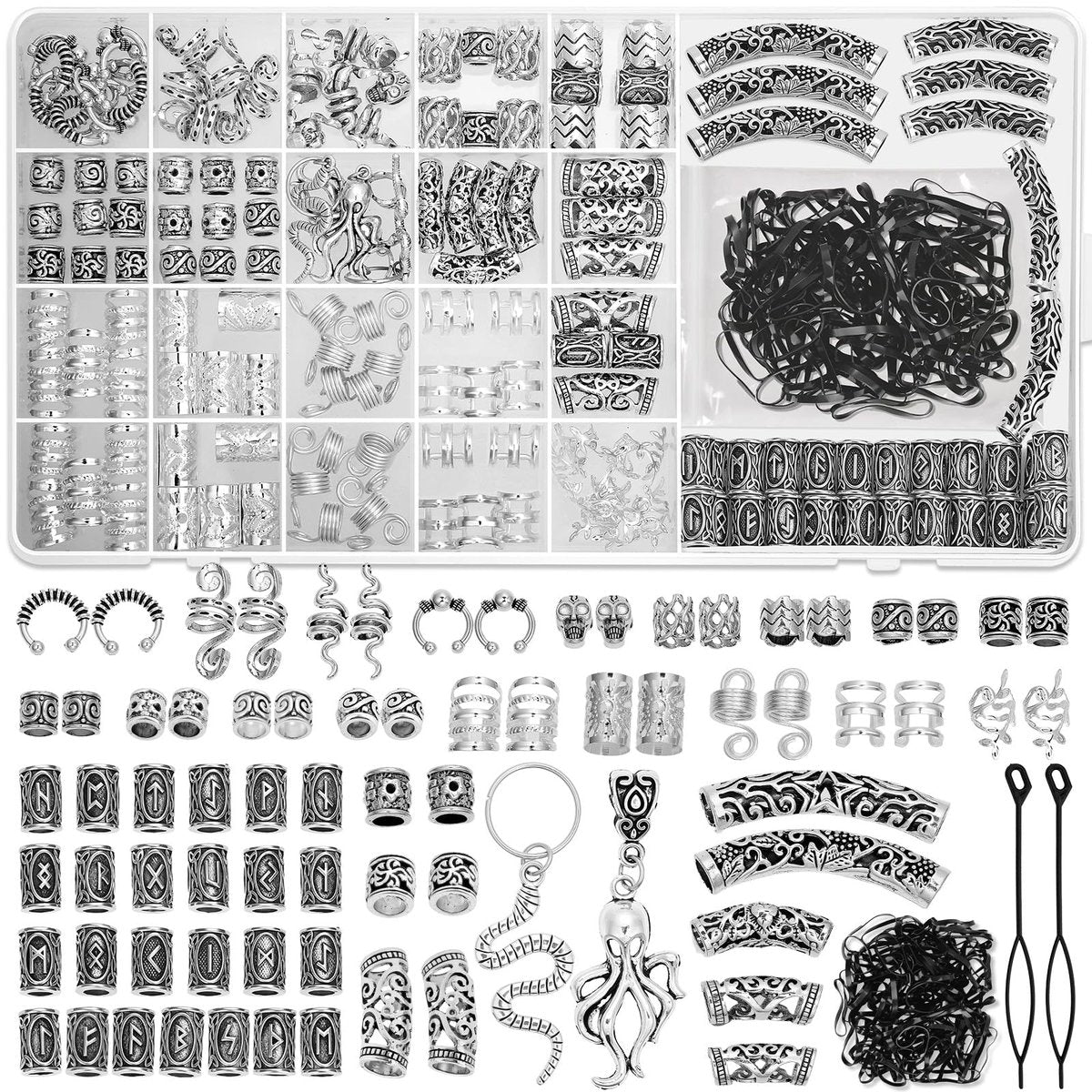 247Pcs Viking Hair Accessories Set - Norse Runes Tube Beads, Metal Cuffs, Clips, Rings for Dreadlocks, Braids, Locs, Beard, Bracelets, Necklace DIY - Silver Avelisse