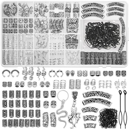 247Pcs Viking Hair Accessories Set - Norse Runes Tube Beads, Metal Cuffs, Clips, Rings for Dreadlocks, Braids, Locs, Beard, Bracelets, Necklace DIY - Silver Avelisse