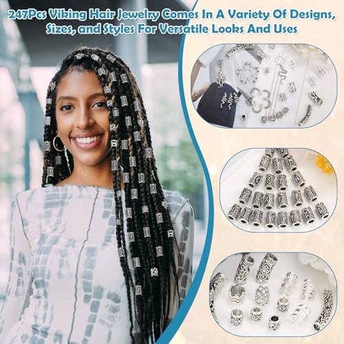 247Pcs Viking Hair Accessories Set - Norse Runes Tube Beads, Metal Cuffs, Clips, Rings for Dreadlocks, Braids, Locs, Beard, Bracelets, Necklace DIY - Silver Avelisse