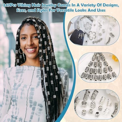 247Pcs Viking Hair Accessories Set - Norse Runes Tube Beads, Metal Cuffs, Clips, Rings for Dreadlocks, Braids, Locs, Beard, Bracelets, Necklace DIY - Silver Avelisse