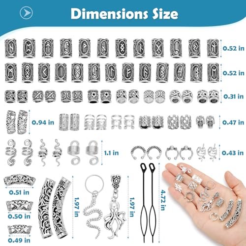 247Pcs Viking Hair Accessories Set - Norse Runes Tube Beads, Metal Cuffs, Clips, Rings for Dreadlocks, Braids, Locs, Beard, Bracelets, Necklace DIY - Silver Avelisse