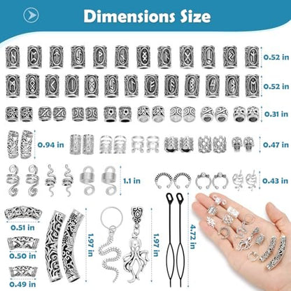 247Pcs Viking Hair Accessories Set - Norse Runes Tube Beads, Metal Cuffs, Clips, Rings for Dreadlocks, Braids, Locs, Beard, Bracelets, Necklace DIY - Silver Avelisse