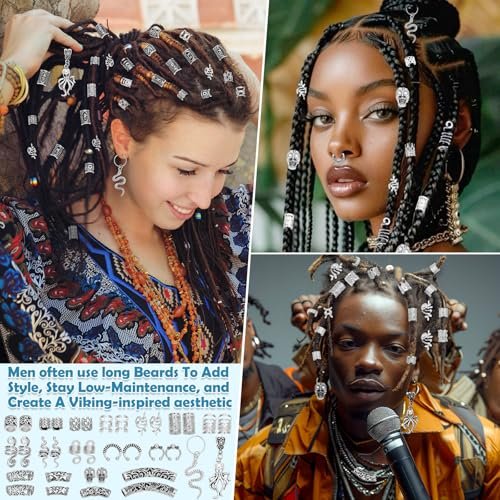 247Pcs Viking Hair Accessories Set - Norse Runes Tube Beads, Metal Cuffs, Clips, Rings for Dreadlocks, Braids, Locs, Beard, Bracelets, Necklace DIY - Silver Avelisse