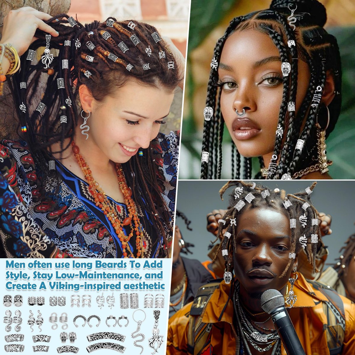 247Pcs Viking Hair Accessories Set - Norse Runes Tube Beads, Metal Cuffs, Clips, Rings for Dreadlocks, Braids, Locs, Beard, Bracelets, Necklace DIY - Silver Avelisse