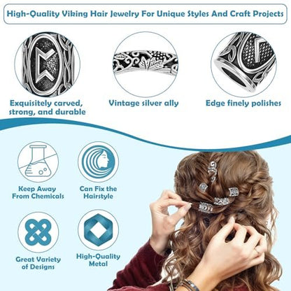 247Pcs Viking Hair Accessories Set - Norse Runes Tube Beads, Metal Cuffs, Clips, Rings for Dreadlocks, Braids, Locs, Beard, Bracelets, Necklace DIY - Silver Avelisse