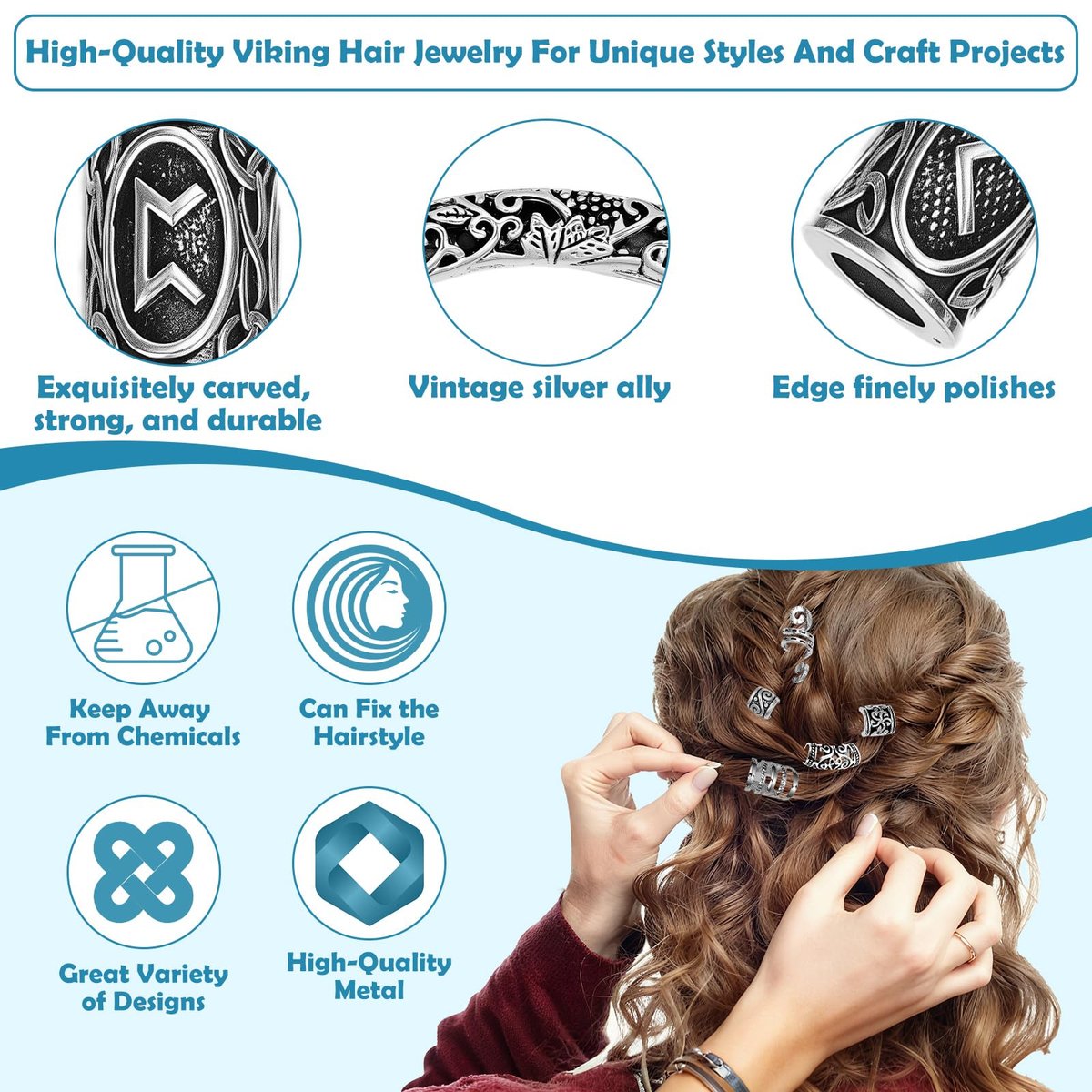 247Pcs Viking Hair Accessories Set - Norse Runes Tube Beads, Metal Cuffs, Clips, Rings for Dreadlocks, Braids, Locs, Beard, Bracelets, Necklace DIY - Silver Avelisse