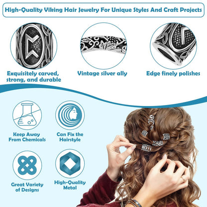 247Pcs Viking Hair Accessories Set - Norse Runes Tube Beads, Metal Cuffs, Clips, Rings for Dreadlocks, Braids, Locs, Beard, Bracelets, Necklace DIY - Silver Avelisse