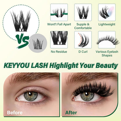 KEYYOU Flaunt Lash Clusters Kit – 3D Spider DIY Lashes Extension Kit, Thick Eyelash Clusters 144pcs, Fluffy Wispy Volume Lashes with Waterproof Lash Bond, Seal & Remover (F01) Avelisse