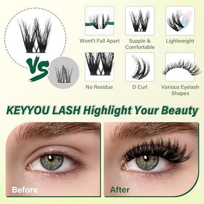 KEYYOU Flaunt Lash Clusters Kit – 3D Spider DIY Lashes Extension Kit, Thick Eyelash Clusters 144pcs, Fluffy Wispy Volume Lashes with Waterproof Lash Bond, Seal & Remover (F01) Avelisse