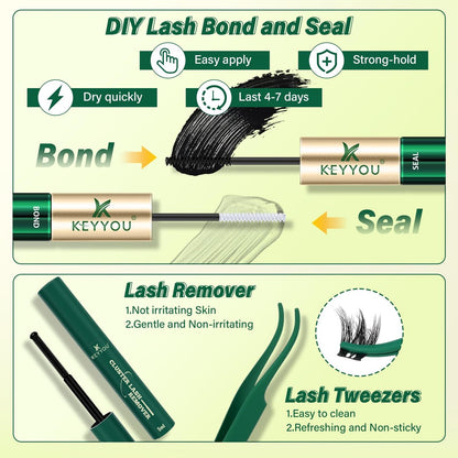 KEYYOU Flaunt Lash Clusters Kit – 3D Spider DIY Lashes Extension Kit, Thick Eyelash Clusters 144pcs, Fluffy Wispy Volume Lashes with Waterproof Lash Bond, Seal & Remover (F01) Avelisse