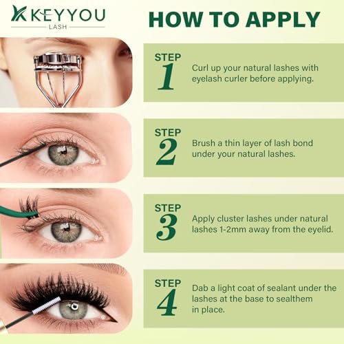 KEYYOU Flaunt Lash Clusters Kit – 3D Spider DIY Lashes Extension Kit, Thick Eyelash Clusters 144pcs, Fluffy Wispy Volume Lashes with Waterproof Lash Bond, Seal & Remover (F01) Avelisse