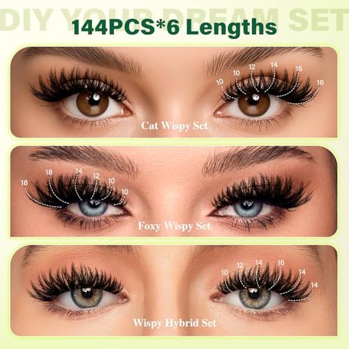 KEYYOU Flaunt Lash Clusters Kit – 3D Spider DIY Lashes Extension Kit, Thick Eyelash Clusters 144pcs, Fluffy Wispy Volume Lashes with Waterproof Lash Bond, Seal & Remover (F01) Avelisse